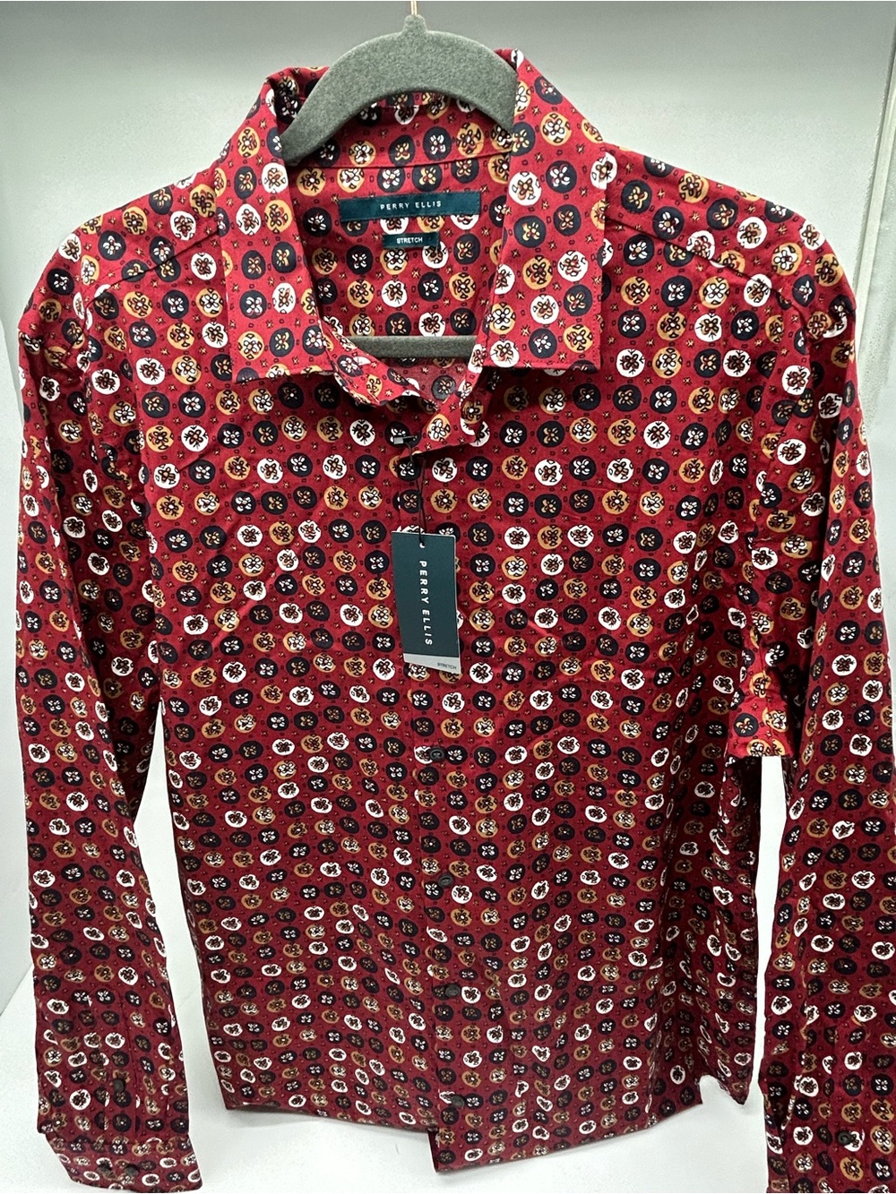 Perry Ellis Men’s Red Geometric Stretc Long sleeve Button Down Shirt Large NEW